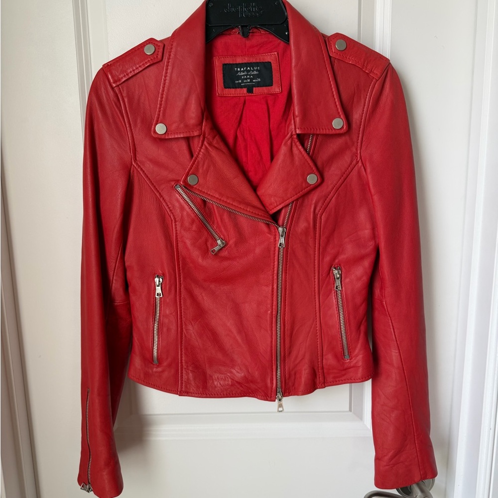Zara Red Leather Biker Jacket